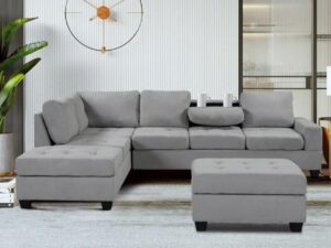 Wood Home Furniture WHFI001 Saal Wood Uphosltered 6 Seater Sofa Lounge with Ottoman Leahter Fabric Off-White