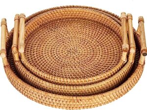 Sziqiqi Rattan Serving Tray with Handles Set of 3 Hand Woven Wicker Tray Rattan Tray Rustic Decorative Tray for Breakfast, Drinks, Snacks, Bread for Coffee Table Bar Dinner Parties